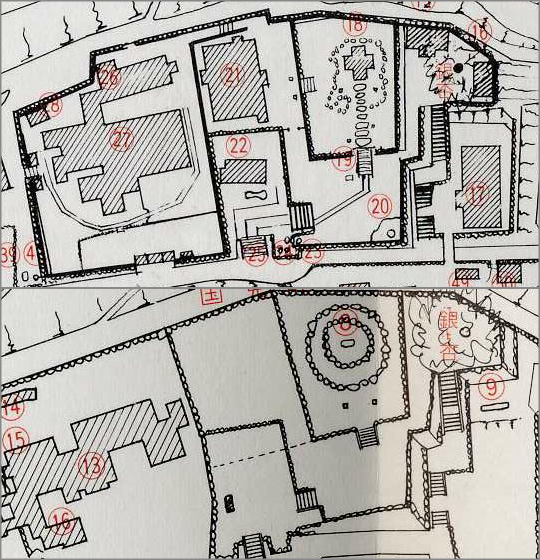 月宮殿（現・月宮宝座）及びその周辺の建造物の、戦前と戦後との比較地図。